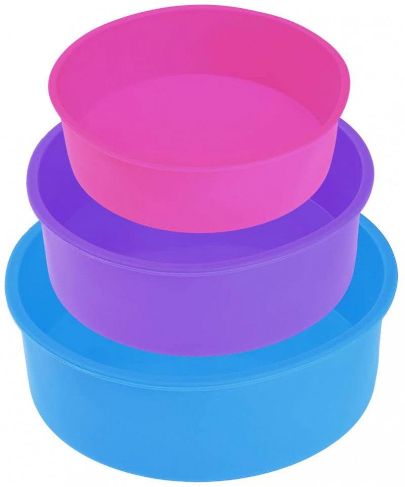 Set de 3 matrite pentru tort Rafow, silicon, roz/albastru/violet, 24/20/17 cm