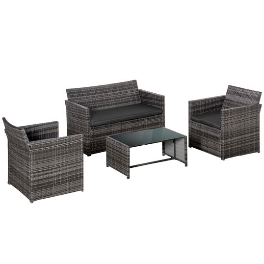 Outsunny Set 4 Piese Mobilier de Gradina din Rattan (PE), Salon de Exterior cu Masa, 2 Scaune, Canapea cu 2 locuri, Maro