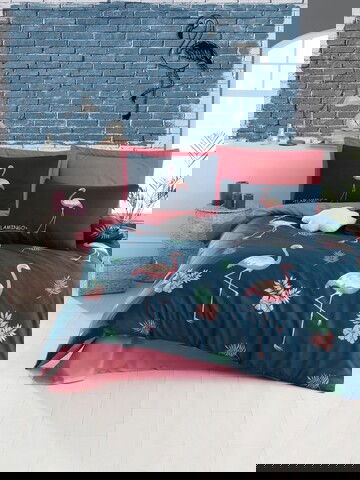 Lenjerie de pat dubla Super King, 3 piese, 220x260 cm, amestec bumbac, Eponj Home, Big Filamin, albastru inchis