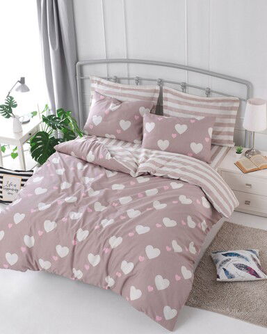 Lenjerie de pat dubla, Eponj Home, Herz 143EPJ24413, 3 piese, amestec bumbac, roz/alb
