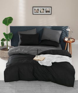 Lenjerie de pat dubla king size, Mijolnir, Cift Yonlu 183MJF72299, 3 piese, bumbac ranforce, negru/gri