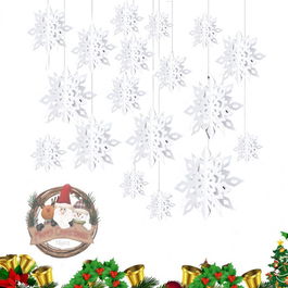 Set de 18 decoratiuni suspendate fulgi de zapada Anyingkai, alb, hartie, 25/20/15 cm