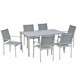 Outsunny Set de Gradina de Luat Masa din 7 Piese, Masa de Exterior si 6 Scaune Stivuibile, Cadru din Aluminiu, Masa cu Blat din Sticla Securizata | AOSOM RO