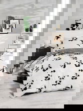 Lenjerie de pat pentru o persoana, 2 piese, 140x200 cm, amestec bumbac, EnLora Home, Panda, negru