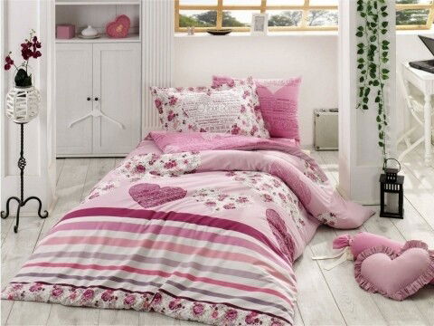 Lenjerie de pat pentru o persoana, 3 piese, 100% bumbac poplin, Hobby, Bella Lilac, roz