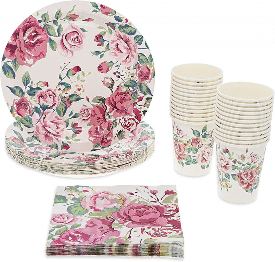 Set de masa BLUE PANDA, hartie, model floral, multicolor, 72 piese