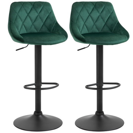 HOMCOM Set 2 Scaune de Bar Pivotante Reglabile in Inaltime, Tapiterie cu Efect Catifelat, 51,5x48x83-104cm, Verde