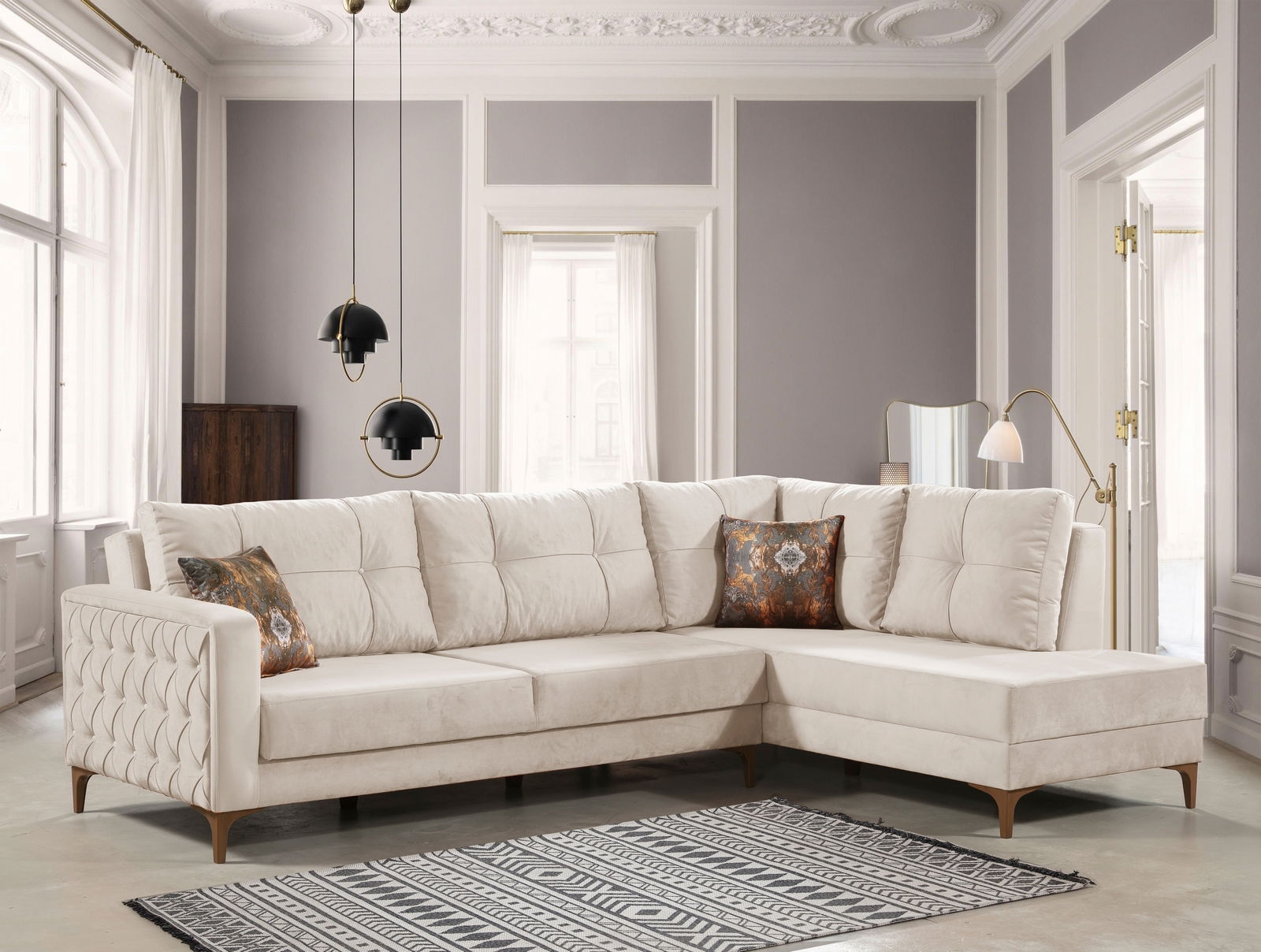 Coltar Cinar Velvet Crem Extensibil, Sezlong pe Dreapta, tapitat cu Stofa, Perne Incluse, l288xA195xH75 cm