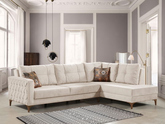 Coltar Cinar Velvet Crem Extensibil, Sezlong pe Dreapta, tapitat cu Stofa, Perne Incluse, l288xA195xH75 cm