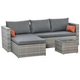 Outsunny Set de mobilier de gradina 3 piese Rattan PE cu canapea cu 2 locuri, sezlong si masuta de cafea, gri
