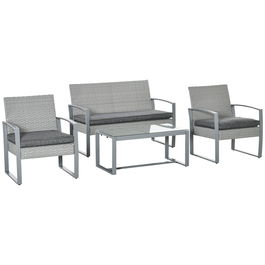 Outsunny Salon de Gradina din Ratan, Set Mobilier de Exterior cu Canapea de Gradina si Fotoliu de Exterior, Gri
