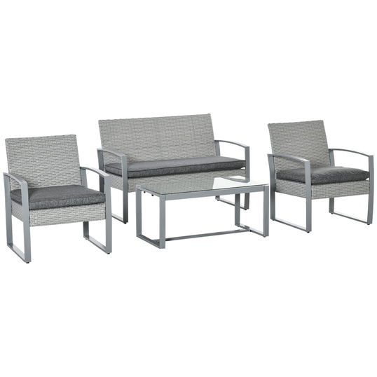 Outsunny Salon de Gradina din Ratan, Set Mobilier de Exterior cu Canapea de Gradina si Fotoliu de Exterior, Gri