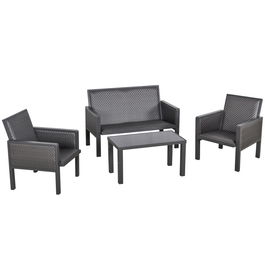 Outsunny Salon de Gradina cu Canapea de Exterior si Masuta, Mobilier de Gradina din Ratan Sintetic, Set 4 Buc, Gri