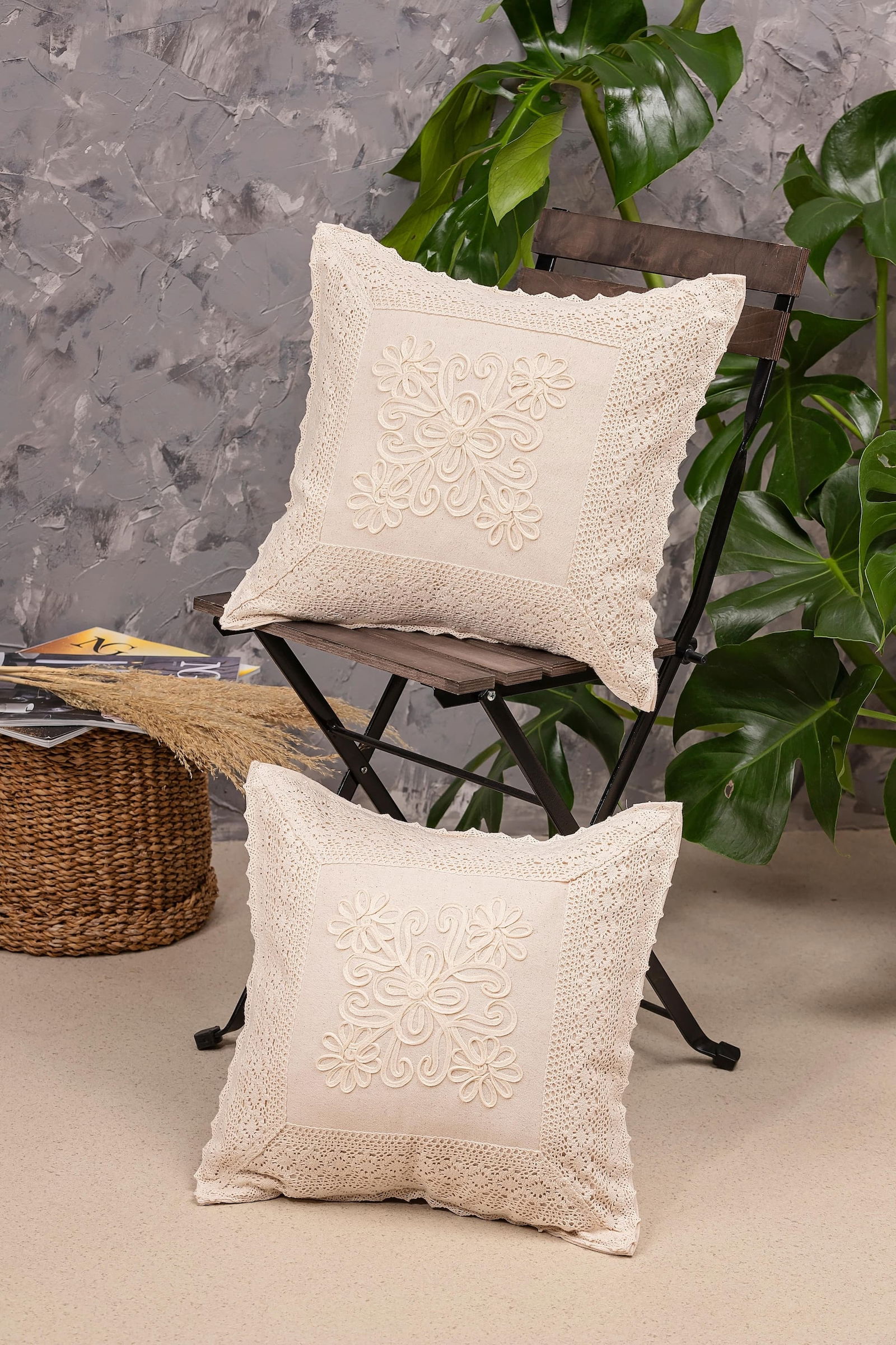 Set 2 fete de perna din bumbac, Authentic Dantel Crem, 44 x 44 cm