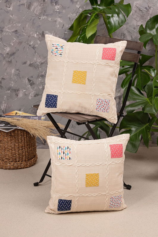 Set 2 fete de perna din bumbac, Patchwork Bej / Multicolor, 40 x 40 cm