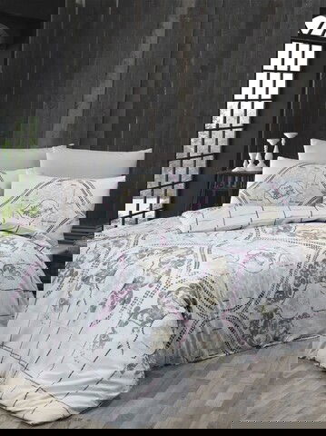 Lenjerie de pat dubla King Size, Victoria, Cariana Grey, 4 piese, 100% bumbac ranforce, gri/alb