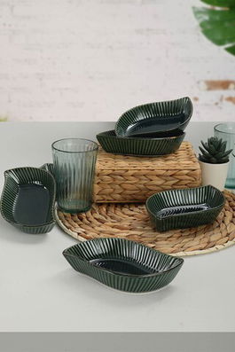 Set 6 boluri pentru gustari/sosuri Emerald Relief Leaf, Keramika, 132 ml, ceramica, negru