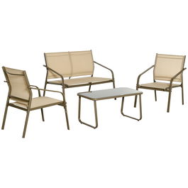 Set Mobilier de Gradina din 4 piese Outsunny, Salon in aer liber cu 2 Scaune, 1 Canapea si 1 Masuta de Cafea din Metal si Texteline, Kaki