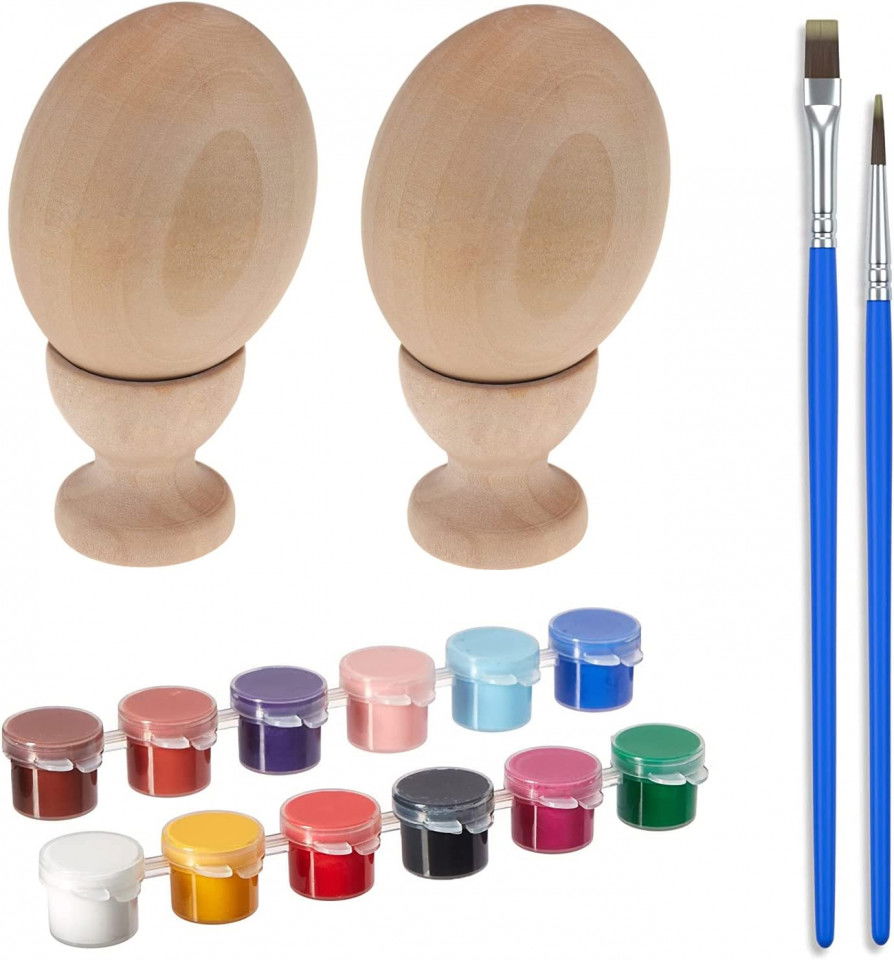 Set de creatie pentru Paste cu 2 oua si vopsele AUCHOICE, lemn/vopsea acrilica/plastic, multicolor, 6,5 x 4,5 cm
