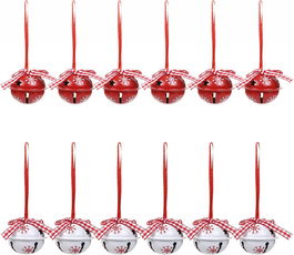 Set de 12 clopotei pentru bradul de Craciun LEMESO, metal, alb/rosu, 3,7 x 10,5 cm