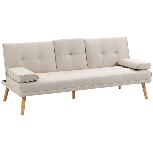 HOMCOM Canapea extensibila extensibila cu 3 locuri in stil scandinav, cu 2 cotiere detasabile si tapiterie, bej | AOSOM RO