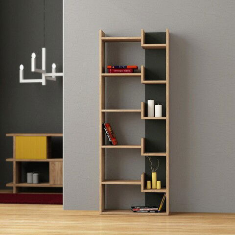 Corp biblioteca, Decortie, Oppa, 60.5x162.5x22cm, Stejar întunecat / Antracit