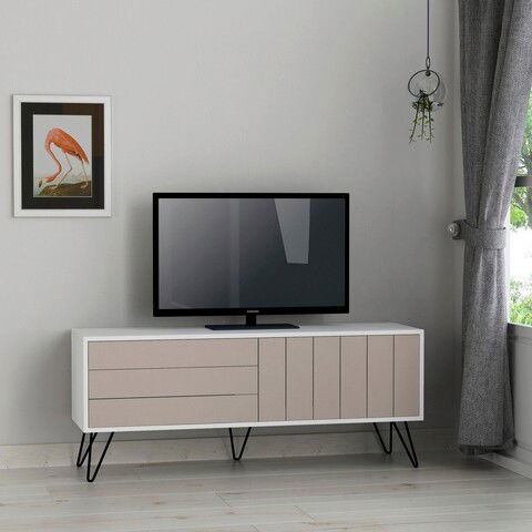 Comoda TV, Decortie, Picadilly Tv Stand, 139x57x36cm, Alb / Mocha ușoară