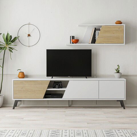 Comoda TV, Decortie, Fiona, 180x48x35.6cm, Alb / Stejar