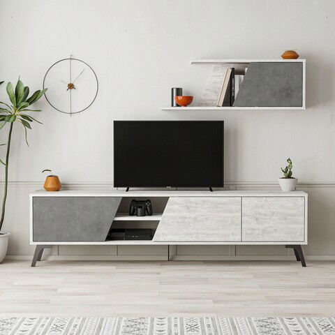 Comoda TV, Decortie, Fiona, 180x48x35.6cm, Alb / Gri