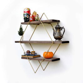 Raft decorativ de perete din lemn, Evila Originals, WR074, 60x60x15cm, Nuc / Aur