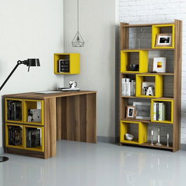 Set birou si biblioteca, Hommy Craft, Box, 120x75x65cm, Nuc / Galben