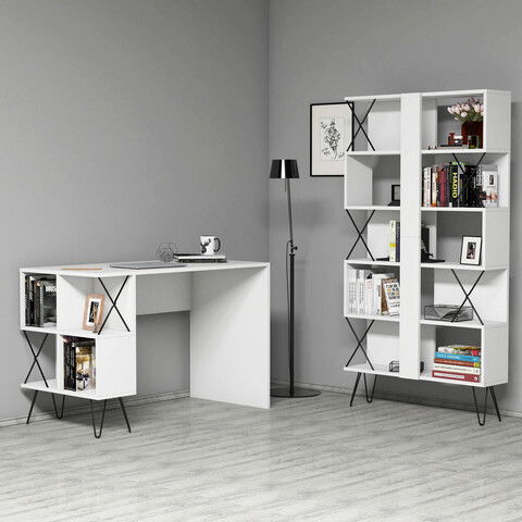 Set birou si biblioteca, Hommy Craft, Extra, 120x78.8x60cm, Alb / Negru