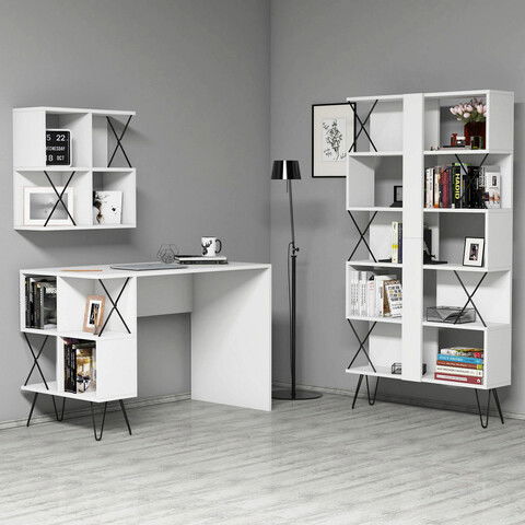Set birou si biblioteca, Hommy Craft, Extra 2, 120x78.8x60cm, Alb / Negru