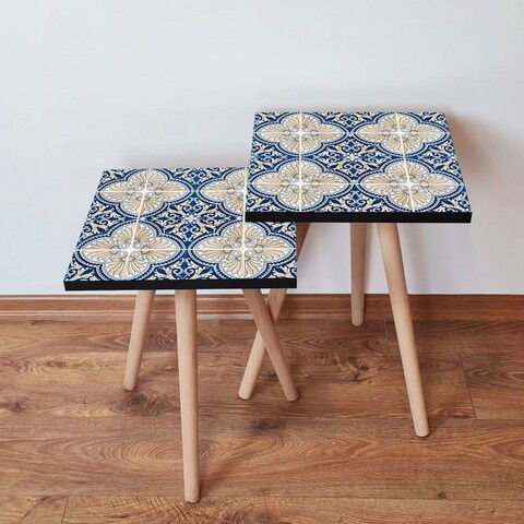 Set masute 2 piese, Leona, 2SHP40, Albastru marin / Alb / Cremă