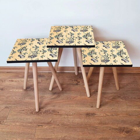 Set masute 3 piese, Leona, 3SHP11, Bej / Albastru / Negru / Alb