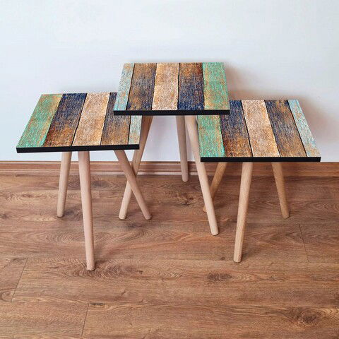 Set masute 3 piese, Leona, 3SHP115, Verde / Albastru marin / Maro / Bej
