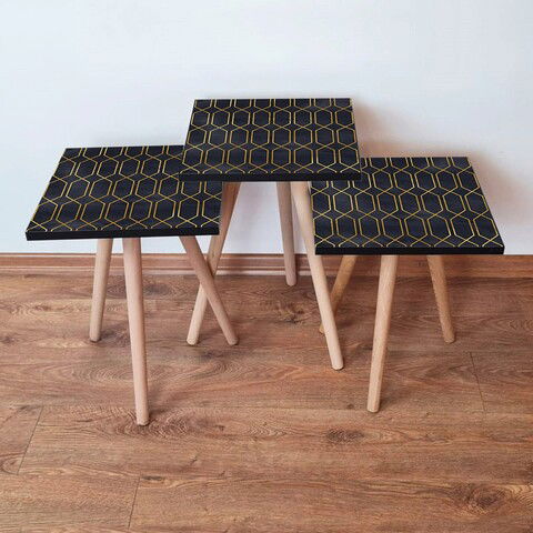 Set masute 3 piese, Leona, 3SHP154, Negru / Aur