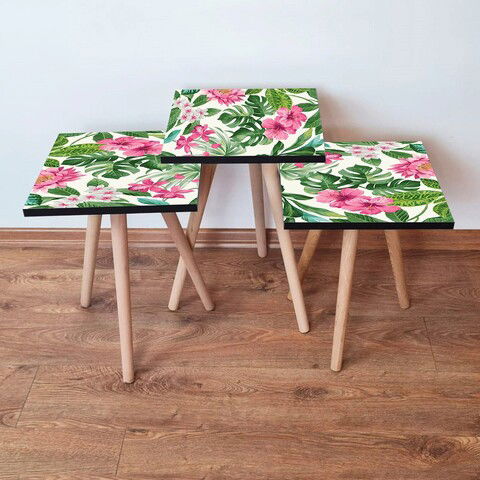 Set masute 3 piese, Leona, 3SHP192, Roz / Verde / Cremă