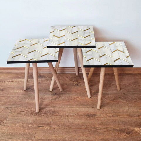 Set masute 3 piese, Leona, 3SHP273, Alb / Aur