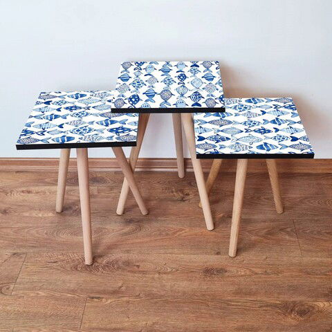 Set masute 3 piese, Leona, 3SHP277, Albastru marin / Alb