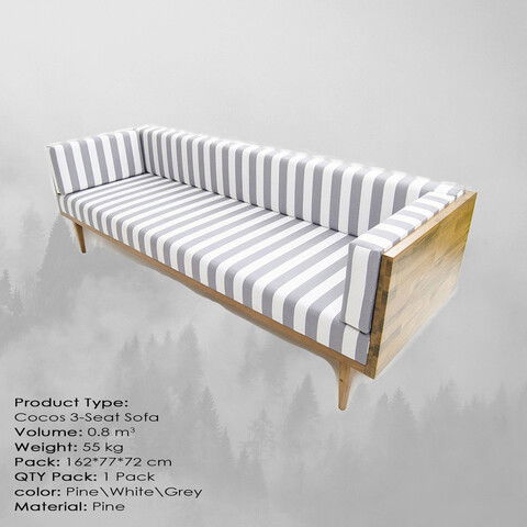 Canapea 3 locuri, Massive Design, Cocos, 160x70x75cm, Pin / Alb / Gri