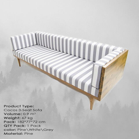 Canapea 3 locuri, Massive Design, Cocos Medium, 180x70x75cm, Pin / Alb / Gri