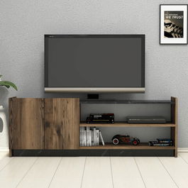 Comoda TV, Mezza, Melodi 1486, 141.6x50x29.5cm, Nuc închis / Marmură neagră