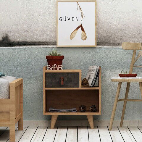 Noptiera, Mod Design, Polla, 50x52x40cm, Stejar / Gri inchis