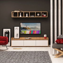 Comoda TV, Mod Design, Liçi, Cm, Stejar / Alb