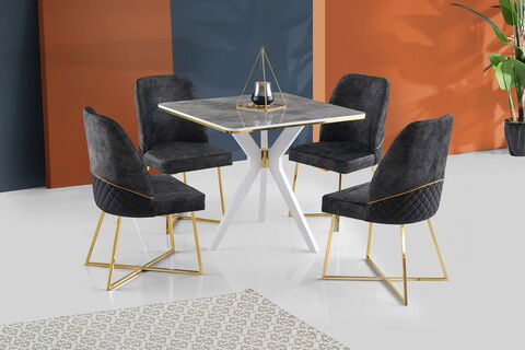 Masă, Nmobb , Kare İkon, 87x75x87cm, 100% MDF, Gri / Alb / Aur