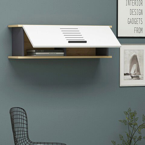 Raft de perete, Olivia, Rafdawn, 90x29.2x27.4cm, 100% PAL melaminat , Stejar safir / Antracit / Alb