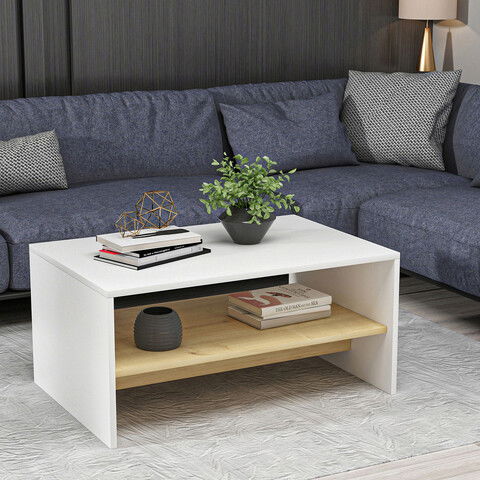 Măsuţă de cafea, Olivia, Apollon, 90x46.8x45cm, 100% PAL melaminat, Alb / Stejar safir