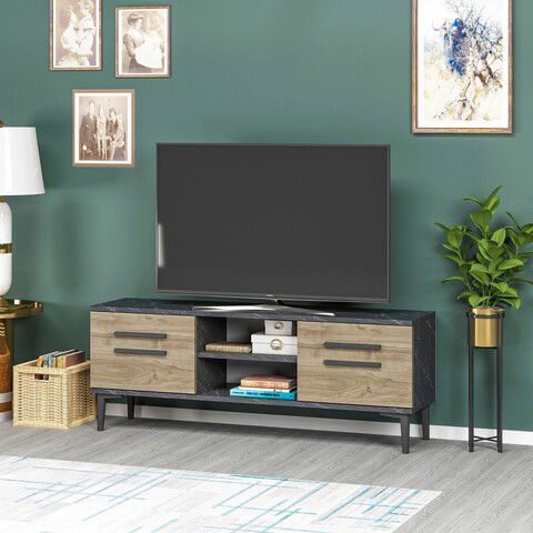Comoda TV, Olivia, View, 120x48.2x29.6cm, 100% PAL melaminat, Marmură neagră / Nuc