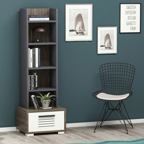 Corp biblioteca, Olivia, Dawn, 35x152.2x25.6cm, 100% PAL melaminat, Nuc / Alb / Antracit